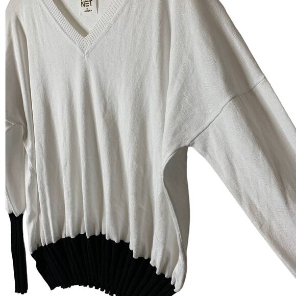 PLANET Lauren G Pima 2 Tone V-Neck Rib Sweater White/Black OS / One Size - Picture 5 of 12